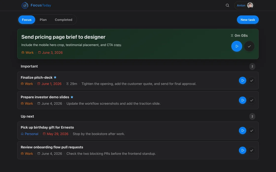 Today tab on desktop with an active task and a running timer