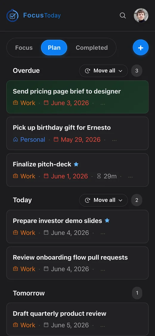 Plan tab showing tasks organized from overdue through upcoming