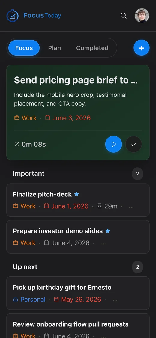 Today tab with an active task and a running timer
